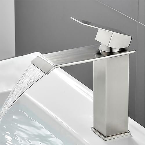 Djedjeo Rubinetto a cascata per bagno, rubinetto per lavabo a una maniglia, risparmio idrico, rubinetto per lavabo, bocca calda e fredda, rubinetto per bagno in acciaio inox(spazzolato)