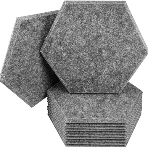 Hexagon Akustikplatten, 12 Stück, Schallabsorber Wandpaneele, 30 x 26 x 0,9 cm,Hohe Dichte Schallabsorber für Decken-/Tür-/Wanddekoration und Akustische Behandlung, Studio/Home/Gaming Deko (Grau)