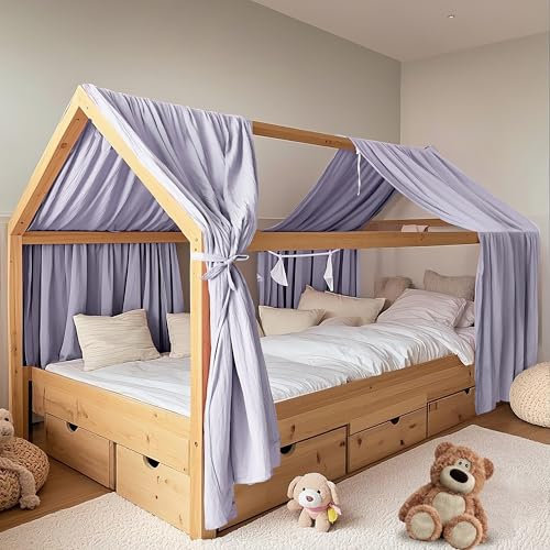 FloraVigo House Bed Canopy, Pack of 2, Handmade from 100% Cotton Muslin, Fabric Canopy for House Bed Decoration, for Girls and Boys (Set of 2, 65 x 270 cm, Lilac)