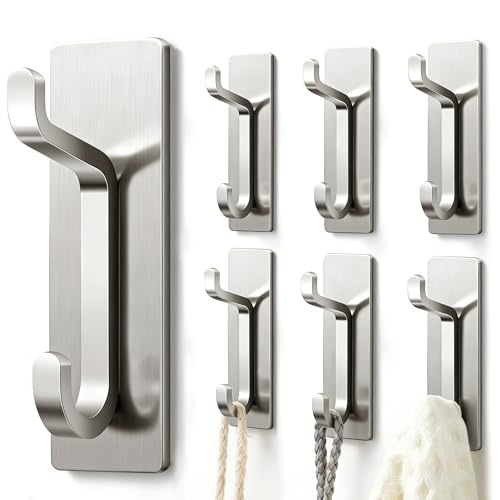 Josmimic Porte-serviettes sans perçage : 6 crochets adhésifs extra-forts de 6 kg, crochets muraux autocollants pour salle de bain, crochets à serviettes et porte-manteaux, lot de 6, argent