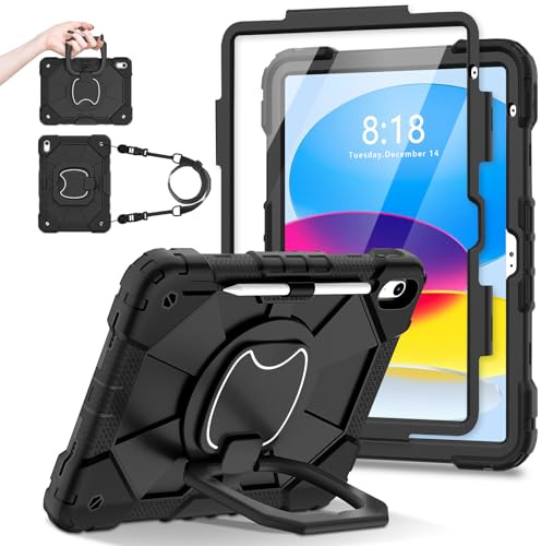 Case for iPad (A16) 11th 2025 / 10th 2022 (11/10.9 Inch) with HD Screen Protector, Shoulder Strap, Heavy Duty Shockproof, Pencil Holder/Rotating Stand (Black)