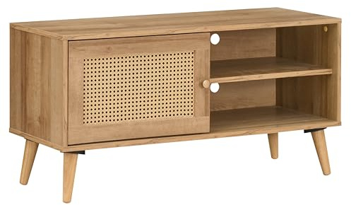 Swish Furniture Manila PVC Rattan 1 Door TV Stand Cabinet | Open Shelf Storage Unit, Oak Effect Wooden Media Unit, Bohemian Rustic TV Units for Living Room