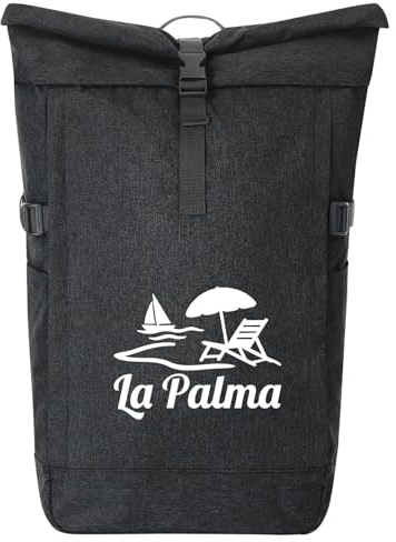 Huuraa Kurierrucksack La Palma Inselmotiv Spanien Geschenk | 30-44 Liter Backpack Black Melange Fairtrade Rolltop Rucksack Geschenkidee Schwarzer Laptop-Rucksack passend für 17-Zoll