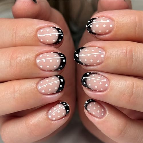 24Pcs Press on Nails Almond Medium, Cute Fake Nails with Polka Dot Design, Long Lasting No Lifting, Glossy False, Full Cover Stick on Nail For Polka Dot Fashion (Style F)