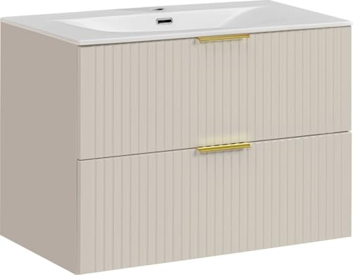 WFL GROUP Waschtischunterschrank mit Integriertem Keramik-Waschbecken – Wandhängend, Geriffelte Soft-Close-Schubladen, Rillenfronten in Kaschmir Matt – 80 cm Breit