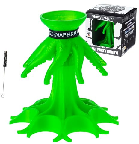 Schnapskrake ® - Schnapsspender für 8 Shots - leuchtet im Neon Licht - für Saufspiele und Trinkspiele - Sauf Gadget - Party Zubehör - Schnapsausgießer - Alkohol Geschenke (Neon grün, ohne Gläser)