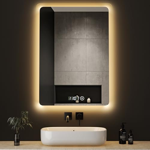 Boromal Badspiegel mit Beleuchtung und Uhr Badspiegel 50x70cm Dimmbar Badezimmer Spiegel Wandspiegel 3 Lichtfarbe 3000-6500K 2470LM Kaltweiß Neutral Warmweiß Badezimmerspiegel mit Beleuchtung