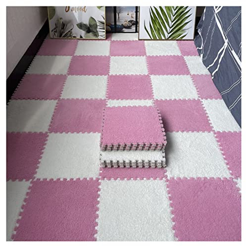 16Pcs Interlocking Foam Mats,Fluffy Carpet Tiles,Plush Area Rug,Square Splicing Floor Tiles,Soft Playmat Puzzle Floor Mat for Play Room,Pink+White