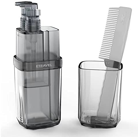 ETRAVEL Travel Set, Toothbrush Cup, Toothpaste Comb Storage Case, Gargling Cup, Small Bottle, Business Trips, Travel Bottle, Portable, Pump Bottle, Cup, Comb, Set of 4 (Gray)