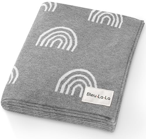 Bleu La La Empfangs Babydecke - 100% Luxuriöse Weichbaumwollstrick Warme Gemütliche Kuscheldecke für Kinderwagen und WiegePuckdecke für Neugeborene Säuglinge und Kleinkinder (Regenbogen - Grau)