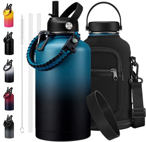 Half Gallon Water-Bottle with Straw - 64oz Stainless Steel Water Bottles with Paracord Handle & Carrier Bag, Leak-proof Insulated Waterbottle Metal Flask for Gym, Sport Hydro Jug for Hiking Camping