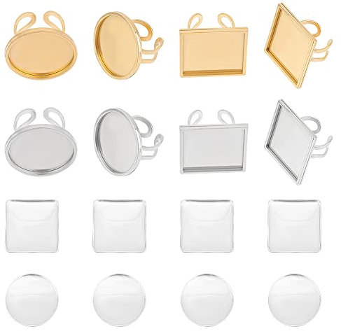 UNICRAFTALE 8 Sets DIY Cuff Ring Making Kit 2 Colors Square Round Open Cuff Ring Bezel Tray US Size 7~8 201 Stainless Steel Blank Cabochon Ring Bases with Glass Cabochons Domes Set for Ring Making