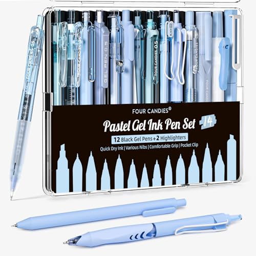 Four Candies 14st Gelstifte Set, Einziehbarer 0,5mm Feinstift (Blau) | Cute Stifte, Clean Look, Schwarze Geltinte, Blau Geltinte Tinte, 2 Textmarker für Büro Pastell Süße Schreibwaren