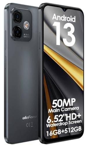 Ulefone Android 13 Handy ohne Vertrag Note 16 PRO(512GB ROM), Bis Zu 16GB RAM, 50MP Kamera, DUAL SIM-Smartphone, 6,52'' HD+ Bildschirm, 4400mAh Akku, Fingerabdruck+Gesichtsentsperrung GPS Schwarz
