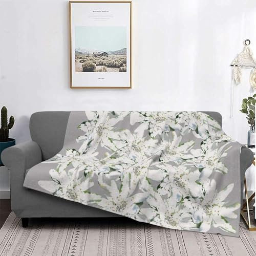 Decke, modern, Edelweiß, Schweizer Alpenblumen, warmes Flanell-Fleece, Plüsch, weich, Sofaüberwurf, Decke als Bettdecke/Bettlaken, 125 x 150 cm