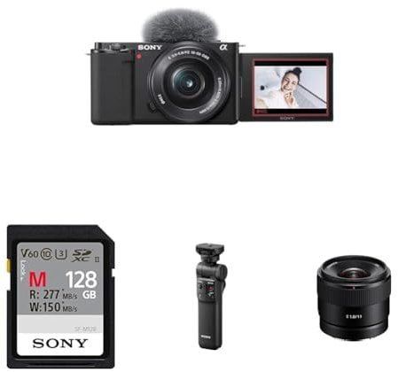 Sony Alpha ZV-E10L | APS-C Mirrorless interchangable-lens vlog camera with 16-50mm lens + Content Creator kit Lens Edition including: Bluetooth Shooting Grip, E 11mm F1.8 Lens, Memory Card and Flash