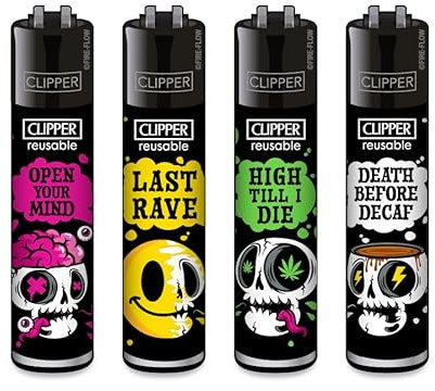 Clipper® Feuerzeuge - 4er Set + Crystal Balls (Skull Slogan #2)