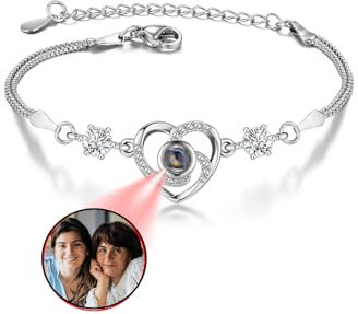 Zysta Projektion Armband Foto Personalisiert Mit Bild im Stein Herz Armkette 100 Sprachen Ich Liebe Dich für Frauen Freundin (Silber - Nur Foto)