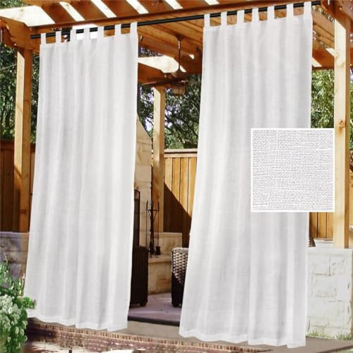 FASCINATDECO Outdoorvorhänge mit Klettverschluss Terrasse Vorhänge Halbtransparent Leinenoptik Gardinen Balkon Vorhang Outdoor Gardinen für Terrassentür Pavillon, 274x132 cm, Weiß, 2er Set
