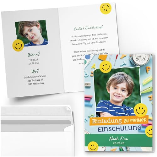 10 Einladungskarten Einschulung mit Foto und Text personalisiert mit Umschlägen Motiv Lustig Modern Einladung