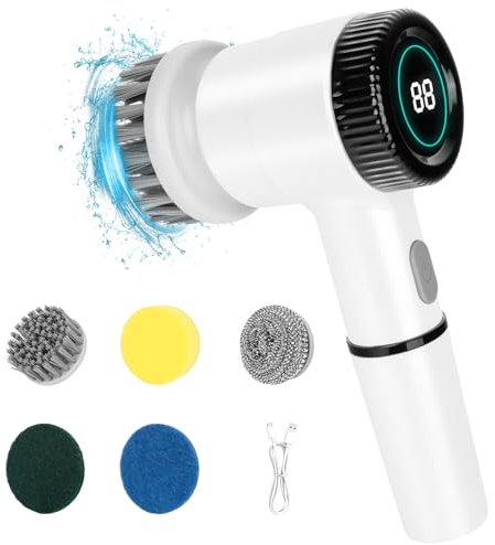 GARMEE Elektrische Reinigungsbürste, Spin Scrubber für Bad, Fugenreiniger Elektrisch, Electric Cleaning Brush mit Led Anzeige, 5 Bürstenkopf for für Haushalt, Fliesen, Küche und Reifen