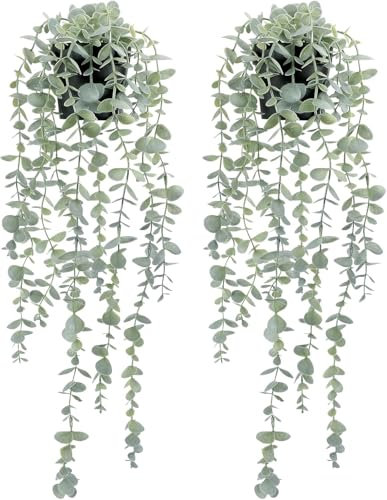 RIOFOGO Künstliche Pflanze Hängend, Künstliche Hängepflanzen Eukalyptus Deko hängend,Hängepflanze Künstlich wie Echt für Wand, Zimmer, Zuhause, Innen- und Außenbereich, Regaldekoration 2 Stück