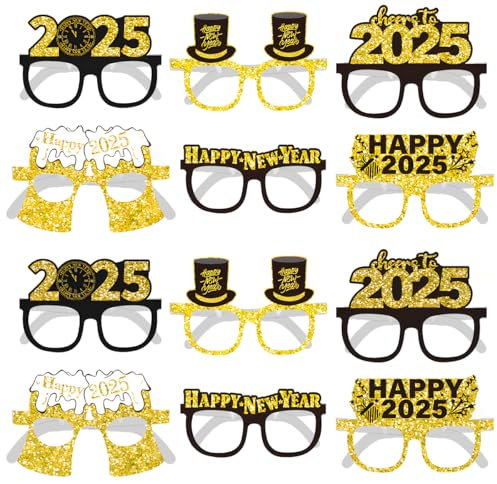 MorLuks 12 Stück Silvester Brille 2025, Fotobox Accessoires, Happy New Year Party Zubehör, Silvester Foto Requisiten 2025, Neujahr Deko für Erwachsene Kinder, Neujahrsdekorationen für das Gesicht
