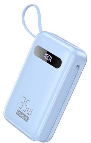 EnergyQC Power Bank, 20,000mAh 35W PD 3.0+QC 4.0 Fast Charging Portable Charger with Built-in USB-C in&Out Cables, Battery Pack for iPhone 16/15/14 Series, Galaxy, iPad, AirPods (Blue)