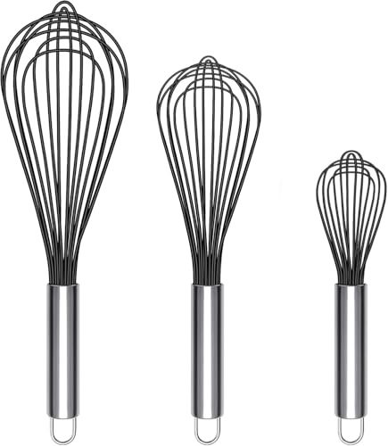 Set of 3 Stainless Steel 8+10+12, Kitchen Balloon Hand Stainless Set for Blending Whisking Beating Stirring (3 Pack Black)