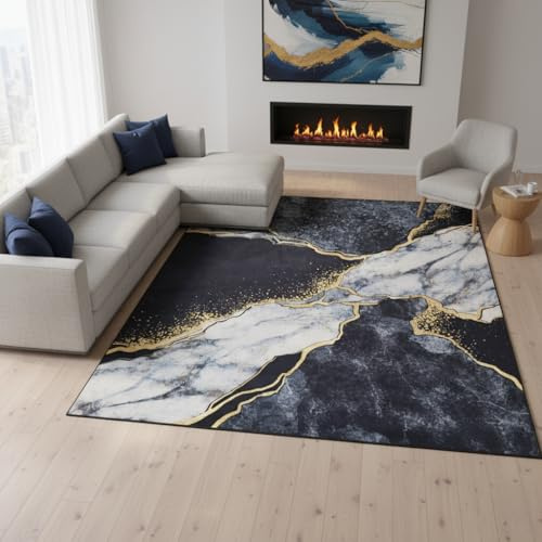 TAPISO Nora Teppich Wohnzimmer Schwarz Grau Gold Marmoreffekt 160 x 230 cm | rutschfester pflegeleichter Teppich bedruckter KurzflorFür Schlafzimmer Esszimmer