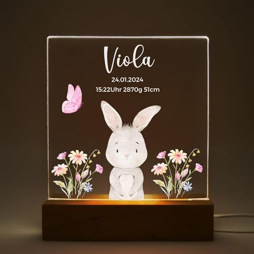 Mainely Nachtlicht Kinder personalisiert Linos Hase – Lampe Steckdose für Babyzimmer – Stilllicht für ruhige Nächte – Personalisierte Geschenke Baby – Außergewöhnliches Geschenk zur Geburt