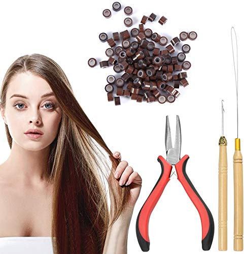 100 anillas de extensión de pelo de silicona, aguja con gancho, aguja de bucle y pinzas de cierre