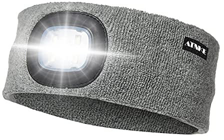 ATNKE LED Beleuchtetes Stirnband, Wiederaufladbare USB Lauf Stirnbänder mit Licht Extrem Heller 4 LED Lampe Winter Warme Stirnlampe für Herren und Damen Geschenke/Grau