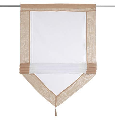Raffrollo mit Quaste Dreieck Raffgardine Voile Transparent Tunnelzug Vorhang (BxH 100x140cm, Sand)