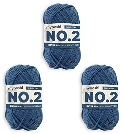 myboshi No.2 Baumwolle zum Häkeln, Baby Wolle, vegane Wolle zum Stricken, Wolle 60 Grad waschbar, für Baby und Amigurumi, 50g, Ll 100m Blau (Blaubeere) 3 Knäuel