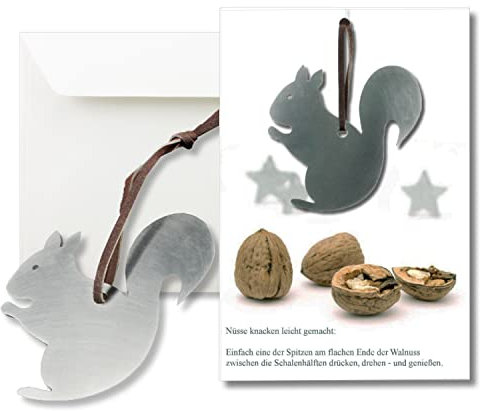Grußkarte mit echtem Edelstahl-Nussknacker Form Eichhörnchen und Lederband inklusive Umschlag in Naturweiß Format DIN B6