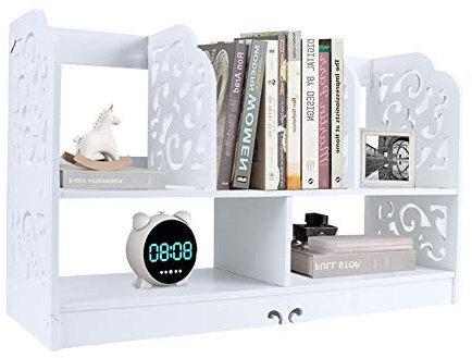 Cocoarm Desktop-Bücherregal Mini-Desktop-Regal, 2-stufiges Bücherregal Weißer DIY-Aufbewahrungsorganisator aus Holz, Desktop-Präsentationsständer 2-stufige Geschnitzte Muster für Kosmetikprodukte