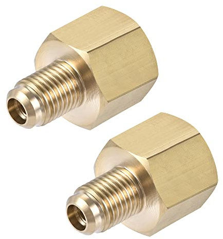 sourcing map Accesorio de tubería de latón, rosca hembra 1/4 SAE Flare macho 3/8 SAE, conector adaptador de tubo, para refrigeración de aire acondicionado, 2 uds.