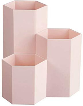 Suneast Creative Hexagon Pen Holder Plastic Pencil Pot Cup, Multifunction Desk Stationery Storage Organizer Tidy Container Makeup Brush Vase for Desktop Office and School Decoration - Pink