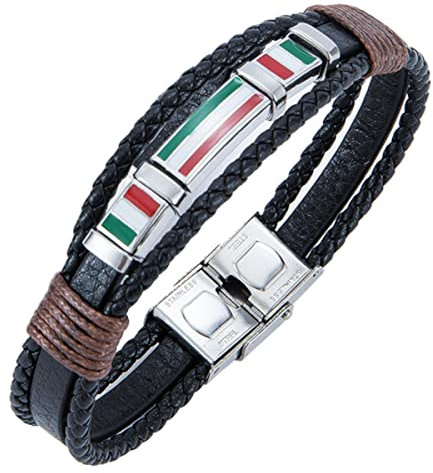 ESTUYOYA - Leder und Edelstahl Armband Triple italienische Flagge Design mit Anti-Verlust-Sicherheits-Verschluss einstellbare Größe Unisex Glücksbringer