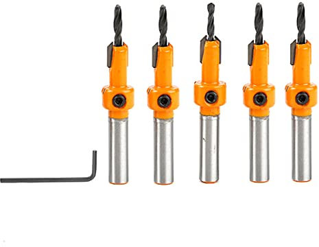 TOPWAY Set di Punte per Trapano Svasatore 5 Pezzi, Punte per Smussatura HSS con Gambo Tondo da 8mm per Lavorazione del Legno in Plastica e Perforazione di Fori 131300