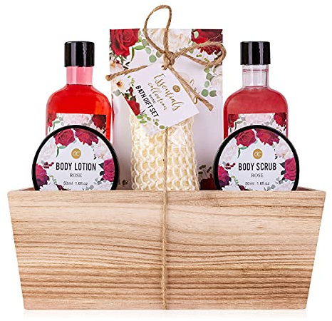 Accentra – Duschset Frauen Geschenkset ROSE im Holzkorb – 6-teiliges Pflegeset mit Duschgel, Schaumbad, Badesalz, Bodylotion & mehr – Wellness Geschenk Set zum Geburtstag, Valentinstag & Weihnachten