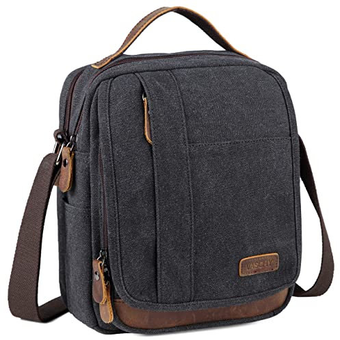 VASCHY Man Bag, Water Resistant Canvas Shoulder Bag Mens Small Messenger Bag with Multiple Pockets and Genuine Leather Top Handle Satchel Bag for Women Fits 8 Inch Ipad,Phones(Grey)