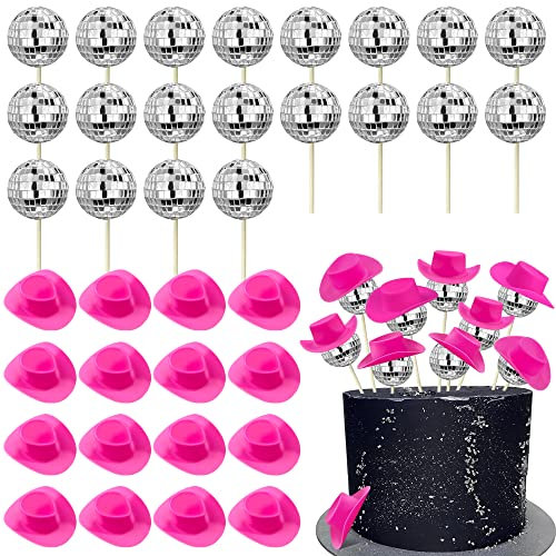 40 PCS Disco Ball Cake Decorations Cupcake Toppers 20 PCS Pink Cowboy Hat Cake Toppers Disco 1970s Theme Cake Pick Mini Western Cowgirl Hat Cake Toppers