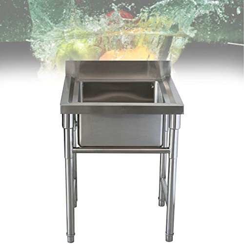 Commercial Kitchen Sink 1 Compartment Stainless Steel Bar Sink with Swivel Faucet Splashboard, Free Standing Utility Sink for Garage, Restaurant, Laundry Room, Indoor Outdoor