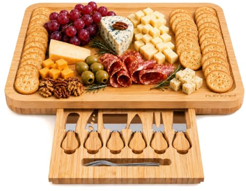 NutriChef Tabla de bambú con cuchillos para queso – Rectangular 44,5 × 32,8 cm, bandeja para servir y queso | Cajón y accesorios | Regalo para boda o nueva casa | Sostenible y elegante