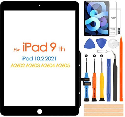 Touch Screen per iPad 9 2021 9th Generazione, Digitizer Touchscreen per iPad 10.2 2021 A2602 A2603 A2604 A2605, Schermo tattile Frontale, include Strumenti di Riparazione, Senza Pulsante Home (Black)