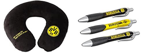 Borussia Dortmund Unisex BVB nakkepude Nackenkissen, Schwarz/gelb, 34 x 31 5 cm EU & BVB-Kugelschreiber (3er-Set)