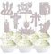 SYKYCTCY 24 Pack First Holy Communion Cupcake Toppers Religion Cupcake Picks Glitter Cross Bible Angel God Bless Cake Decorations for First Communion Baptism Birthday Party Supplies Silver