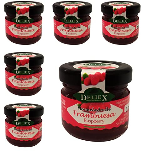 Deliex delicias de Extremadura. 60 Mermeladas pequeñas sabor frambuesa. Miniaturas de mermeladas en cristal 30 gr detalles invitados en bodas, comuniones, bautizos (Frambuesa, 60 Tarros)